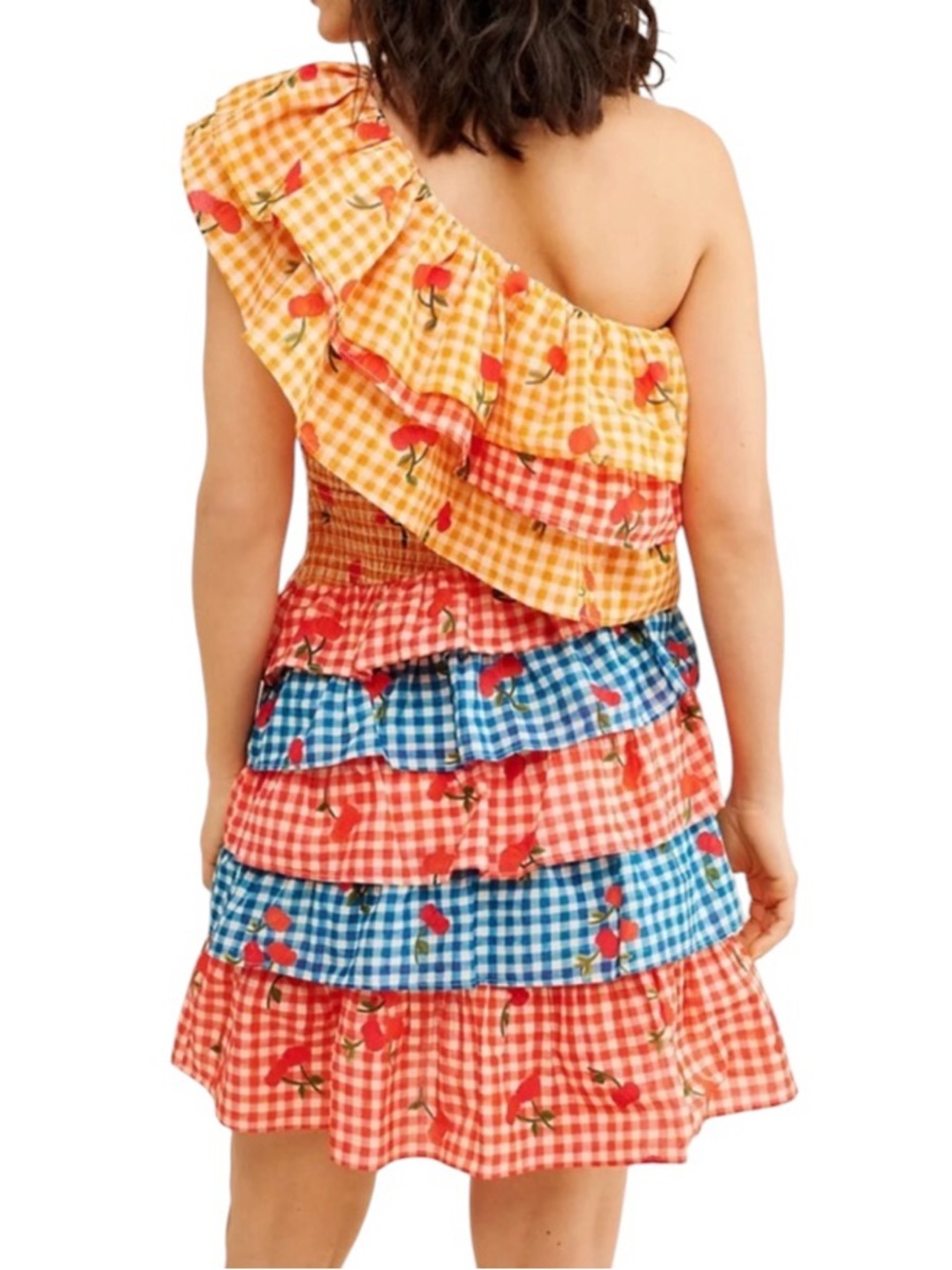 FARM Rio Anthropologie Cherry Gingham One Shoulder Ruffle Tiered Mini Dress XS - Picture 8 of 9